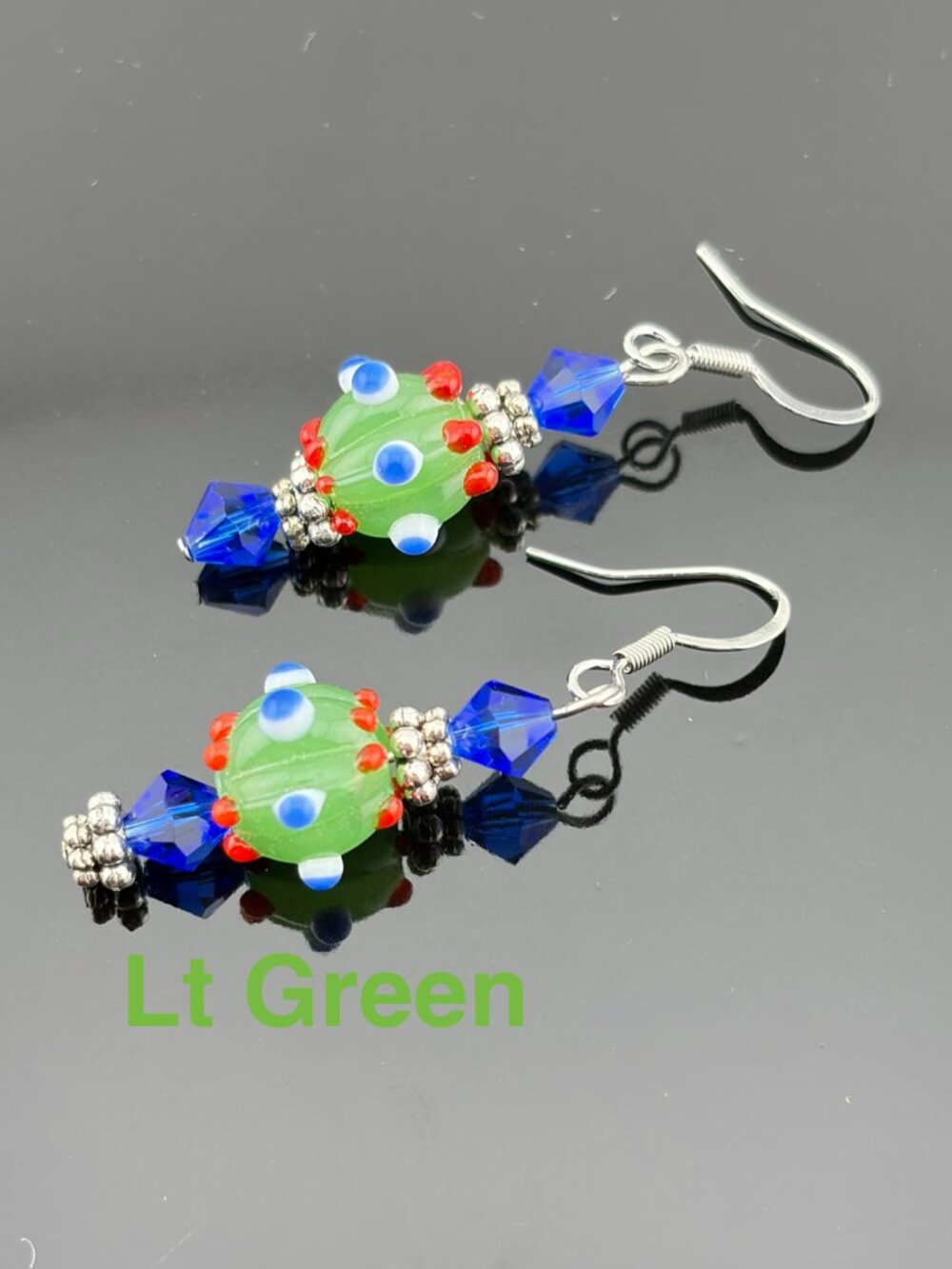 Colorful Dotted Lampwork Glass Bead Handmade Earrings LT GREEN LR241